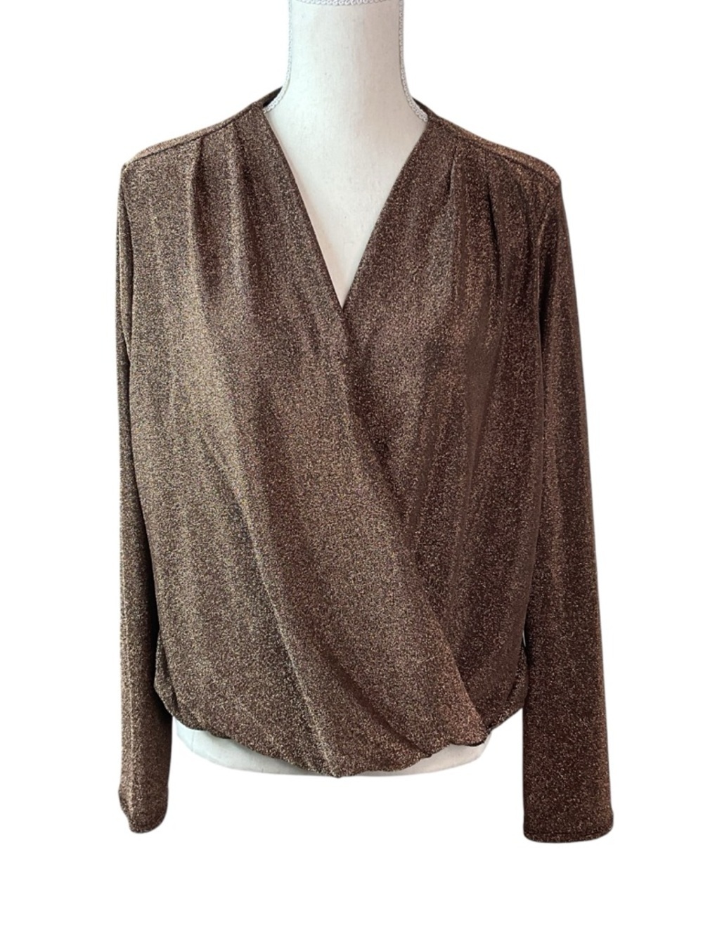 Chenault Metallic Brown Wrap-Front Long Sleeve Top XL